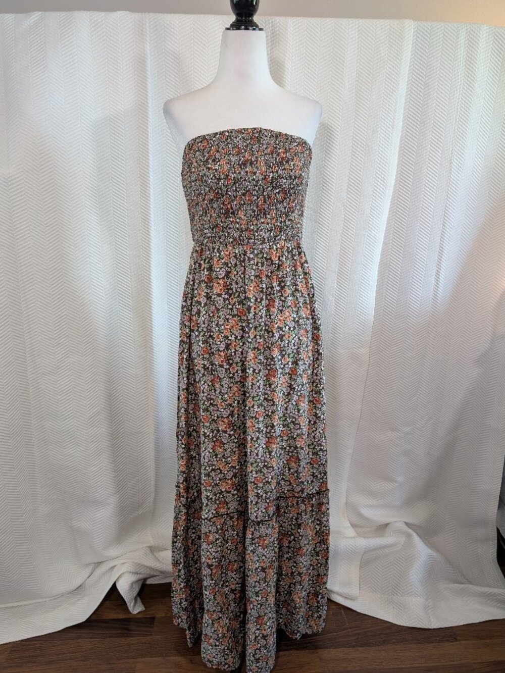 Floral Tube Maxi Dress Brown Smocked Ruffle Hem Boho Cottagecore Size Medium NWT